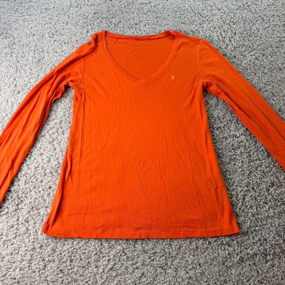 Polo Ralph Lauren Women Orange V-Neck Long Sleeve T-Shirt Cotton Pony Logo